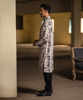 PS Men by Payal Singhal Blush Printed Silk Kurta with Black Cotton Silk Churidar 2