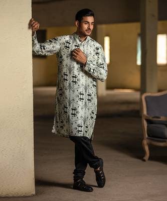 PS Men by Payal Singhal Stone Printed Silk Kurta with Black Cotton Silk Churidar 1