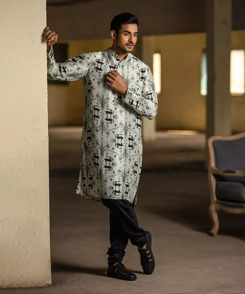 Printed Silk Kurta with Cotton Silk Churidar for Men