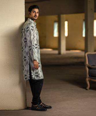 PS Men by Payal Singhal Stone Printed Silk Kurta with Black Cotton Silk Churidar 2