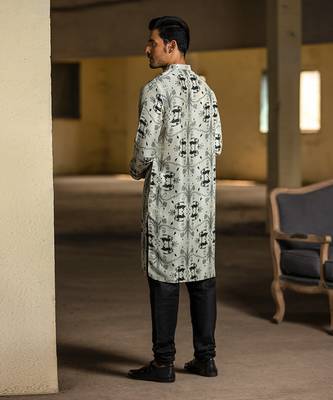PS Men by Payal Singhal Stone Printed Silk Kurta with Black Cotton Silk Churidar 3