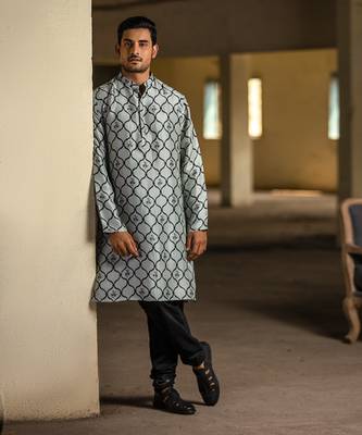 PS Men by Payal Singhal Powder Blue Printed Silk Kurta with Off White Cotton Silk Churidar 1