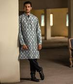 PS Men by Payal Singhal Powder Blue Printed Silk Kurta with Off White Cotton Silk Churidar