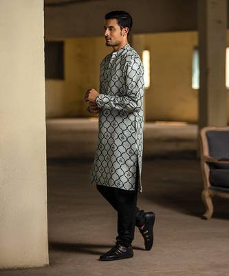 PS Men by Payal Singhal Powder Blue Printed Silk Kurta with Off White Cotton Silk Churidar 2