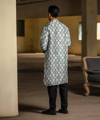 PS Men by Payal Singhal Powder Blue Printed Silk Kurta with Off White Cotton Silk Churidar 3