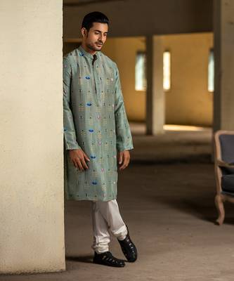 PS Men by Payal Singhal Mint Printed Silk Kurta with Off White Cotton Silk Churidar 1