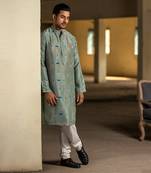 PS Men by Payal Singhal Mint Printed Silk Kurta with Off White Cotton Silk Churidar