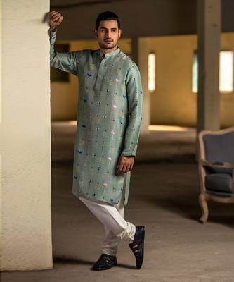 PS Men by Payal Singhal Mint Printed Silk Kurta with Off White Cotton Silk Churidar 2