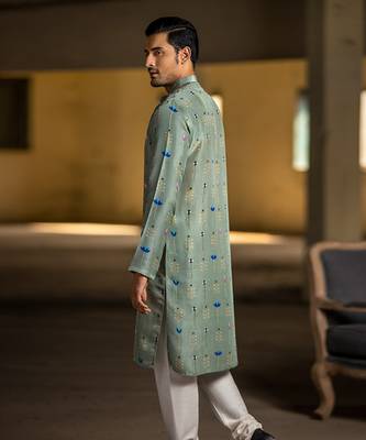 PS Men by Payal Singhal Mint Printed Silk Kurta with Off White Cotton Silk Churidar 3