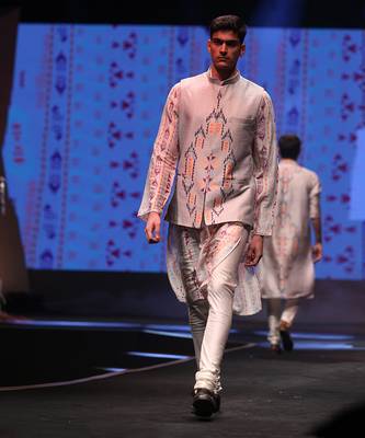 Printed Silkmul Kurta with Dupion Silk Bandi and Cotton Silk Churidar for Men 2