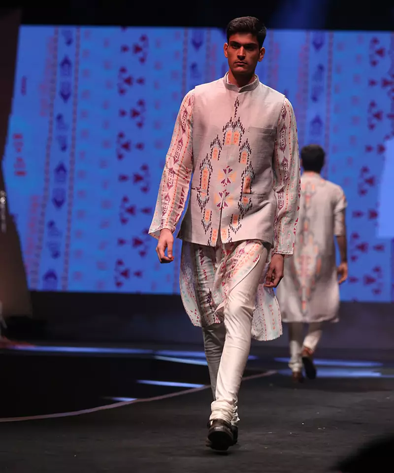 Printed Silkmul Kurta with Dupion Silk Bandi and Cotton Silk Churidar for Men