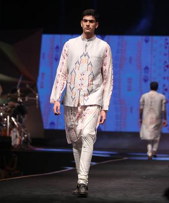 Printed Silkmul Kurta with Dupion Silk Bandi and Cotton Silk Churidar for Men 1