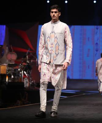 Printed Silkmul Kurta with Dupion Silk Bandi and Cotton Silk Churidar for Men 3