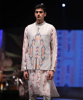 Printed Silkmul Kurta with Dupion Silk Bandi and Cotton Silk Churidar for Men 4