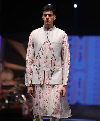 Printed Silkmul Kurta with Dupion Silk Bandi and Cotton Silk Churidar for Men 5