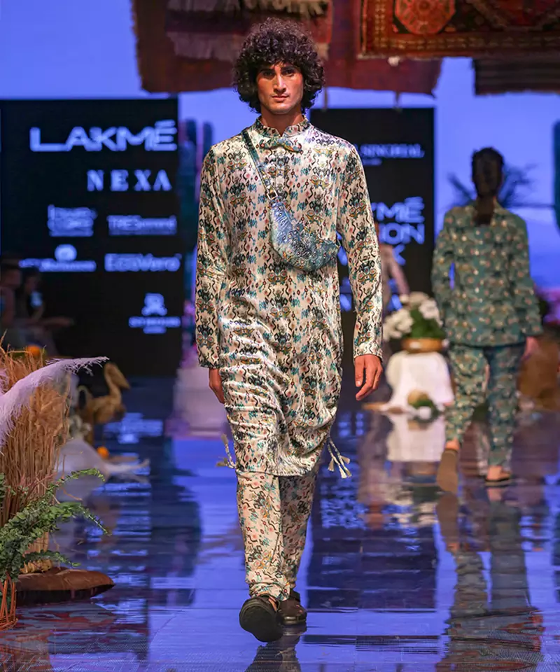 Printed Velvet Kurta and Silkmul Churidar for Men