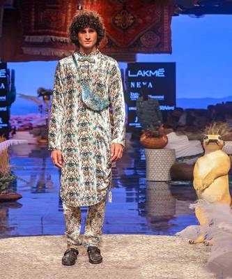 PS Men by Payal Singhal Aziz White Printed Velvet Kurta and Silkmul Churidar 4