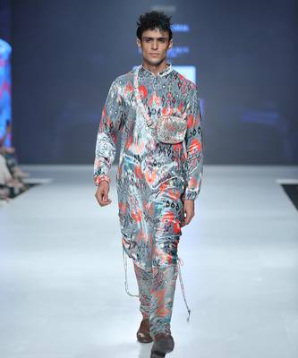 PS Men by Payal Singhal Aziz Blue Printed Velvet Kurta and Silkmul Churidar 1