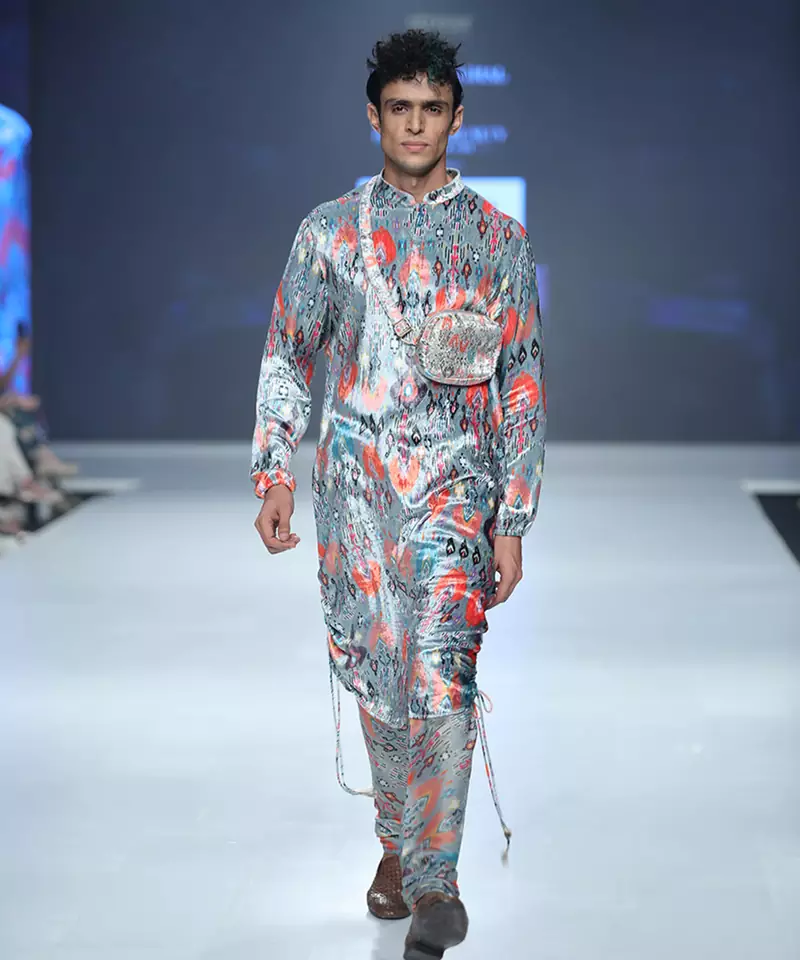 Printed Velvet Kurta and Silkmul Churidar for Men