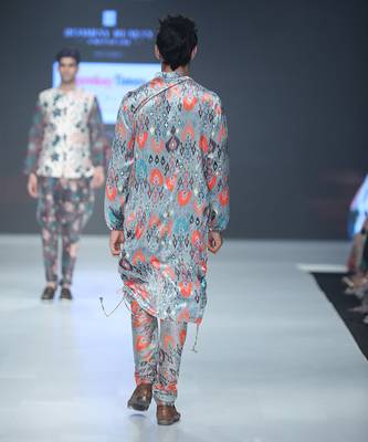 PS Men by Payal Singhal Aziz Blue Printed Velvet Kurta and Silkmul Churidar 2