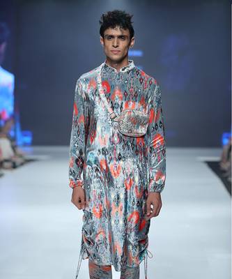 PS Men by Payal Singhal Aziz Blue Printed Velvet Kurta and Silkmul Churidar 3