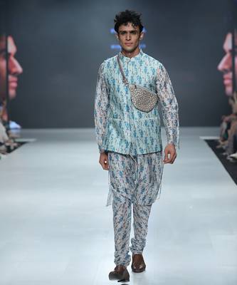 PS Men by Payal Singhal Zaffar Blue Printed Silkmul Bandi with White Printed Silkmul Kurta and Churidar 1