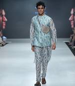 PS Men by Payal Singhal Zaffar Blue Printed Silkmul Bandi with White Printed Silkmul Kurta and Churidar
