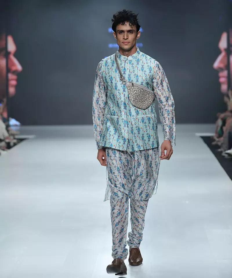 Printed Silkmul Bandi with Silkmul Kurta and Churidar for Men