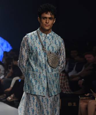 PS Men by Payal Singhal Zaffar Blue Printed Silkmul Bandi with White Printed Silkmul Kurta and Churidar 2