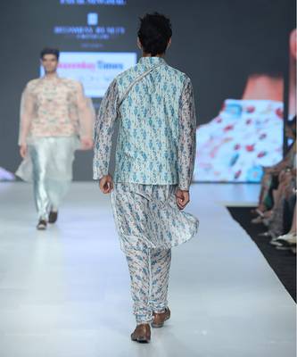 PS Men by Payal Singhal Zaffar Blue Printed Silkmul Bandi with White Printed Silkmul Kurta and Churidar 3