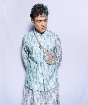 PS Men by Payal Singhal Zaffar Blue Printed Silkmul Bandi with White Printed Silkmul Kurta and Churidar 4