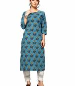 Varyaa Women's Blue Coloured Cotton Jaipuri Floral Printed Kurti (S To XXL-Size)