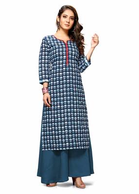 Varyaa Women's Blue Coloured Cotton Jaipuri Printed Kurti with Hand Work on Neck Line (S To XXL-Size) 1