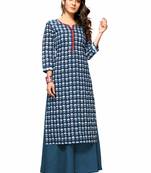 Varyaa Women's Blue Coloured Cotton Jaipuri Printed Kurti with Hand Work on Neck Line (S To XXL-Size)