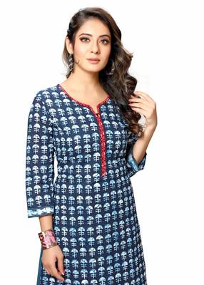 Varyaa Women's Blue Coloured Cotton Jaipuri Printed Kurti with Hand Work on Neck Line (S To XXL-Size) 5