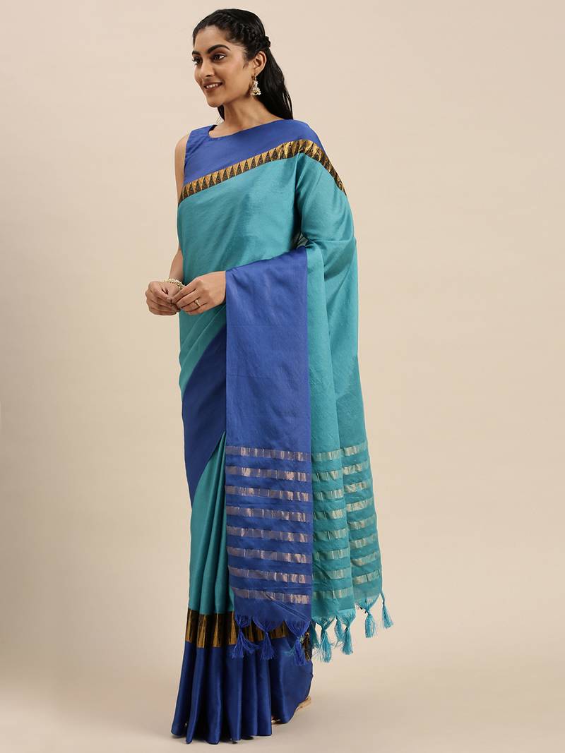Sky blue woven cotton silk saree with blouse