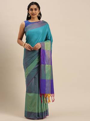 Turquoise woven cotton silk saree with blouse 1