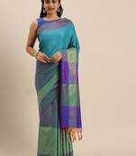 Turquoise woven cotton silk saree with blouse