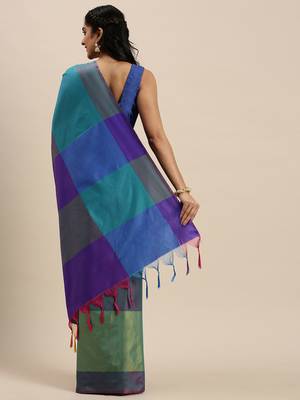 Turquoise woven cotton silk saree with blouse 2