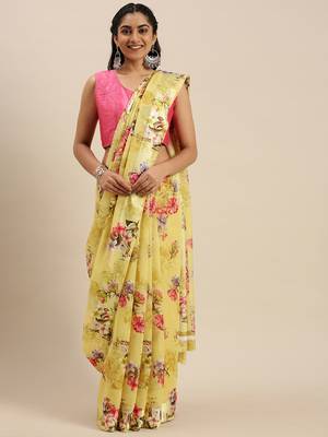 Mustard Printed Linen Saree With Blouse 1