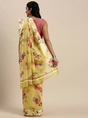 Mustard Printed Linen Saree With Blouse 2