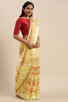 Light Mustard Printed Linen Saree With Blouse