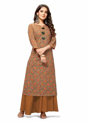 Varyaa Women's Brown Coloured Cotton Jaipuri Floral Printed Kurti  1