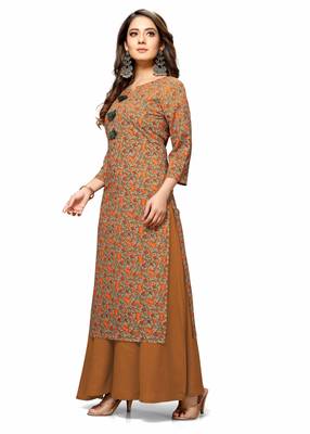 Varyaa Women's Brown Coloured Cotton Jaipuri Floral Printed Kurti  3