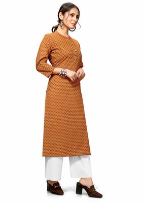 Varyaa Women's Golden Coloured Cotton Jaipuri Printed Kurti (S to XXL-Size) 3