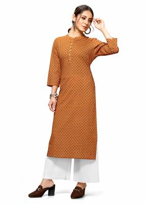 Varyaa Women's Golden Coloured Cotton Jaipuri Printed Kurti (S to XXL-Size) 4