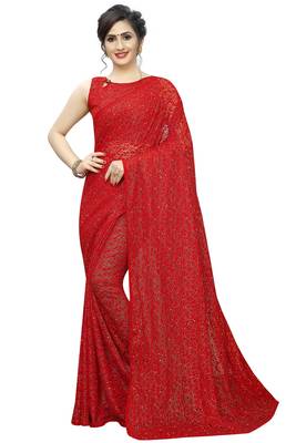 Red woven net saree with blouse 1