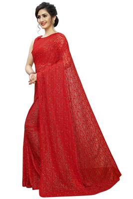 Red woven net saree with blouse 2