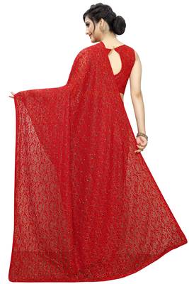 Red woven net saree with blouse 3