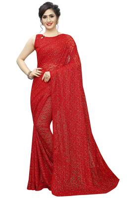 Red woven net saree with blouse 4